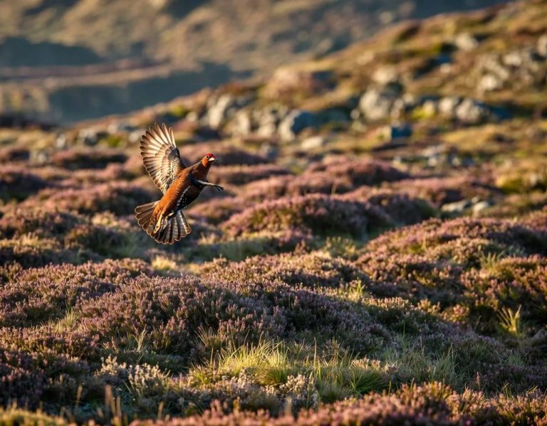 Grouse in flight on Scottish hill